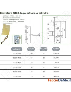 Serratura da Infilare per Porte Interne in Legno 2 Mandate Ottone Cisa Varie Misure 2