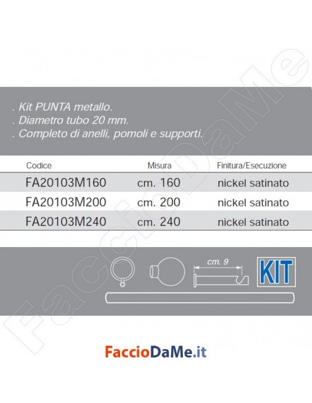 Set Kit Bastone per Tende in Metallo Nickel Satinato con Anelli Ø 20 PUNTA FA20103