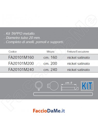 Set Kit Bastone per Tende in Metallo Nickel Satinato con Anelli Ø 20 TAPPO FA20101