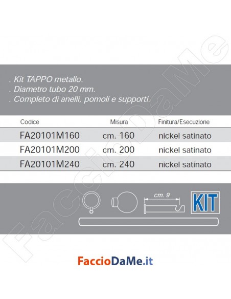 Set Kit Bastone per Tende in Metallo Nickel Satinato con Anelli Ø 20 TAPPO FA20101