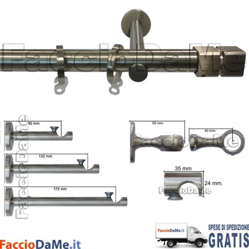 Bastoni per Tende in Acciaio Inox Aisi 304 Satinato D.20mm Completo Mod.AI20A - SPEDIZIONE GRATUITA