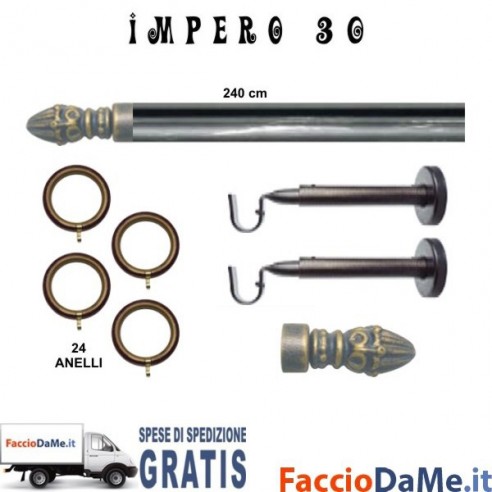 Bastone per Tende in Ferro D.30mm L.240cm Completo Mod. PIGNA IMPERO Made in Italy - SPEDIZIONE GRATUITA