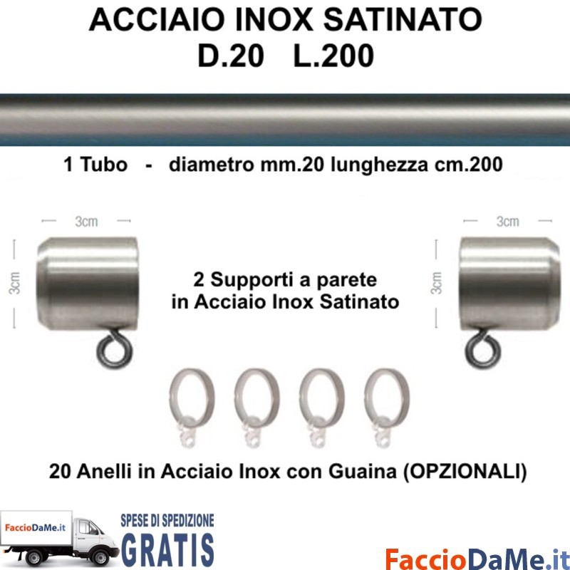 Bastoni Per Tende In Acciaio Satinato.Bastone Per Tende D20 L200 Kit Completo In Acciaio Inox Satinato Da Muro A Muro